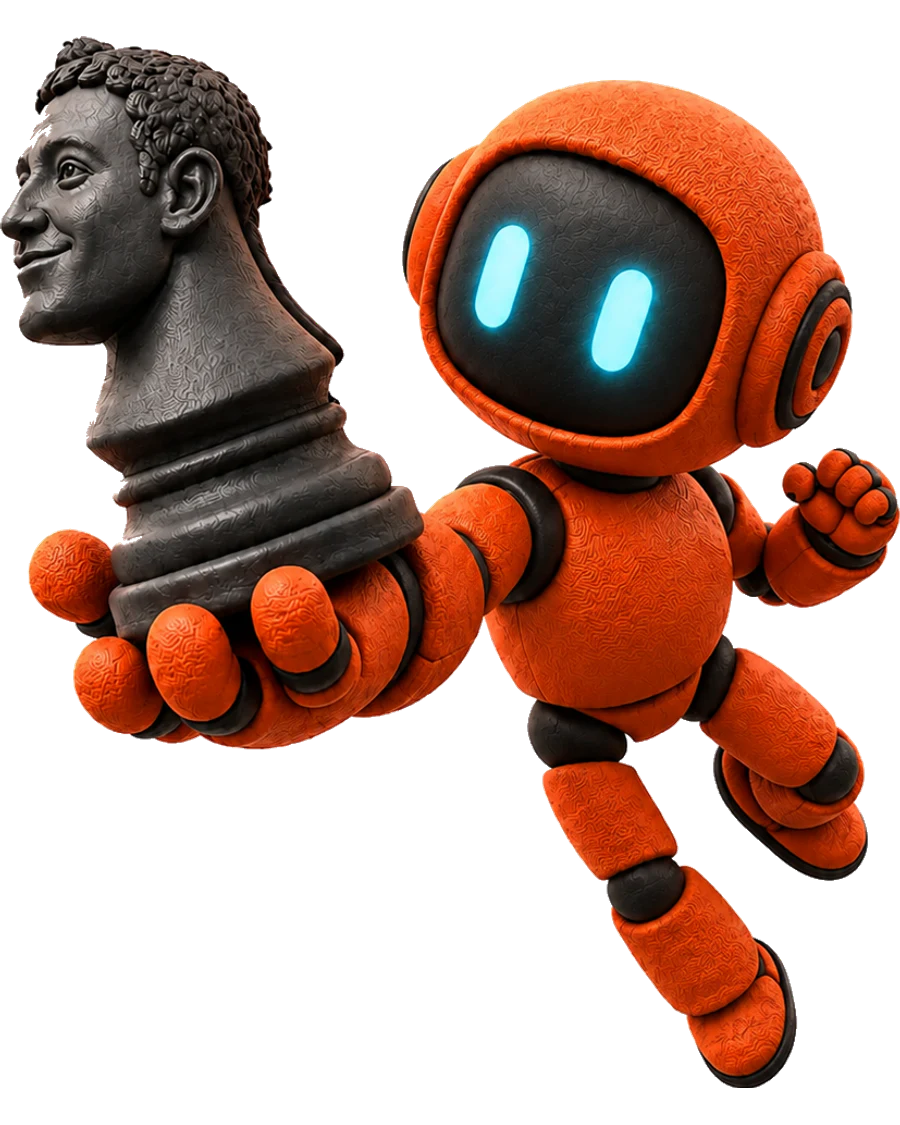 Compact orange clay robot enters holding a founder chess knight